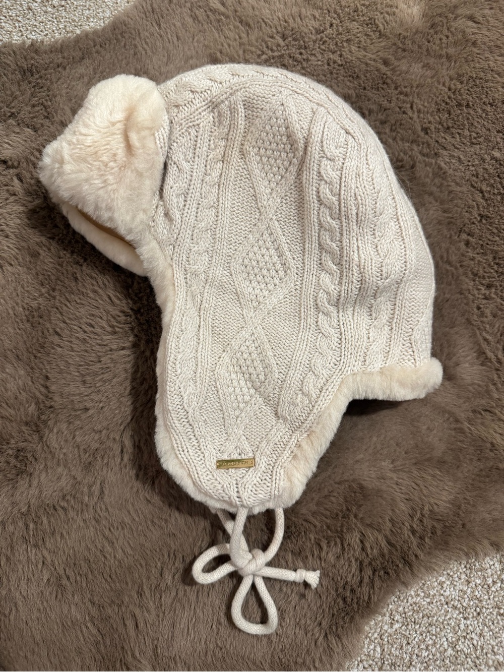 Tory Burch Cream Knit Trapper Hat with Faux Fur Lining
